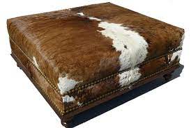 Faux cowhide ottoman, cow hide print upholstered ottoman footstool, faux fur cow hide, western decor misshare. Custom Cowhide Ottoman Brown And White Cowhides Direct