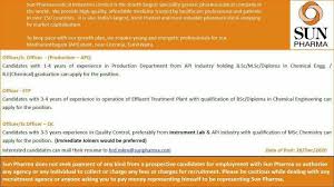 Job Openings For Production Qc Etp Departments At Sun Pharma Ltd Chennai Pharma Jobs And Walk In Interviews Pharm Job Opening Sun Pharmaceutical Pharma