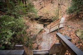 Take the short trail down to the base, leading behind the upper falls with canyon views of waterfall creek and unique rock formations. Hiking Rocky Hollow Falls Canyon Loop In Turkey Run State Park Indiana