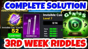 3rd week riddles like and subscribe for more videos in this video i m showing you. 3rd Week Riddles Trick 8 Ball Pool Riddles Solution 52 Free Pieces Invisible Cue 2018 2019 Youtube