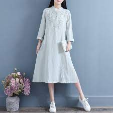 チャイナ風ワンピース コットンリネンンワンピース 改良唐装 改良漢服 改良型チャイナドレス 女子会 入園式 普段着 スタンドネック 刺繍ワンピース フリーサイズ 青緑 ピンク パープル ファッションコーデのアイデア 唐装 ワンピース