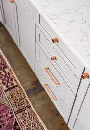 Rose Gold Accents In Unique Gray Kitchen Rose Gold Kitchen Gold Kitchen Grey Kitchen Designs