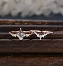 Kite Cut Black Quartz Engagement Ring Set Vintage Rose Gold Baguette Cut  Diamond Engagement Ring Unique Bridal Set Marquise Wedding Band