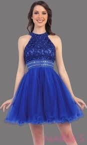 Short Royal Blue High Neck Graduation Dress With Beaded Waist It Has Puffy Tulle Skirt Perfect For Grade Blue High Neck Dress Prom Dresses Short Blue Dresses