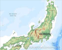 Physical map of japan showing major cities, terrain, national parks, rivers, and surrounding countries with international borders and outline maps. Honshu Physical Map