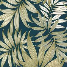 Please request sample for true colour and texture. Grandeco Vogue Metallic Tropical Forest Palm Leaves Dark Teal Gold Wallpaper A45303