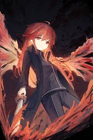 shana, shakugan no shana, absurdres, highres, 1girl, black coat, black  pants, black shirt, coat, collared coat, collared shirt, cowboy shot,  darkworldsss, dutch angle, fiery wings, flaming sword, flaming weapon, from  below, hair