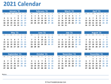 2021 printable calendars, yearly, half year or monthly templates, free to download and print, in image, pdf or excel format. 2021 Yearly Calendar With Holidays Horizontal Layout
