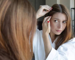 Obraz: Woman examining her hair in a mirror