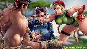 1boy 2girls asian black hair blonde hair bracelet breasts cammy  white capcom chun-li clothing coffeebeanbrush female flaccid gloves hair  interracial leotard long hair male multiple girls penis penis grab