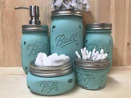To order use the drop down menu to select the size set you want with or without trash can. 5pc Teal Distressed Mason Jar Bathroom Set Teal Aqua Bathroom Decor Aqua Mason Jar Bathroom Aqua Bathroom Decor Teal Bathroom Decor Teal Bathroom Accessories