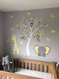 Jungle Decal Elephant Nursery Wall Stickers Yellow And Grey Etsy Grey Nursery Decor Baby Room Wall Nursery Room Furniture
