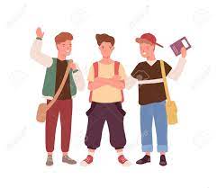 Crianças Adolescentes Felizes Do Sexo Masculino Com Mochila, Bolsas E Livro  Ficam Juntos Ilustração Plana Vetorial. Grupo De Rapazes Positivos Da  Escola Sorrindo, Acenando Com A Mão Isolada No Branco. Jovens Meninos