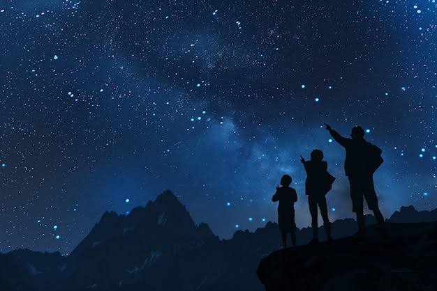 La humanidad contemplando su nuevo lugar en el cosmos. [#ContemplacionCosmica-A-01], generada por IA