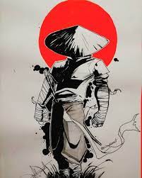 he is like a merge between mortalcombat raiden and a samurai without armour trying new things this time specifically include colour on an initially blacka