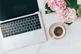 Coffee cup coffee beans coffee shop tea breakfast food coffee bean woman people love vintage spring summer water computer design texture art. Flat Lay With Laptop Coffee Cup And Hortensia Flowers On Marble Surface Stock Photo Dissolve