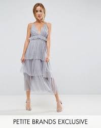 True Decadence Petite Premium Tulle Ruffle Layered Midi Dress With Starppy Back Detail Midi Ruffle Dress Petite Midi Dress Petite Cocktail Dresses