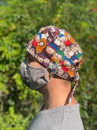South Park Scrub Cap With Buttons For Mask Scrub Cap For Etsy In 2021 Scrub Caps Scrub Hats Scrubs