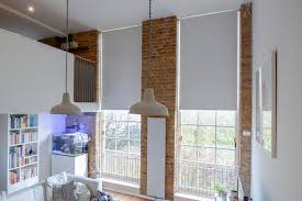 Blackout Roller Blinds Fitted To Floor To Ceiling Sash Windows In Converted Victorian School Living R Living Room Blinds Vertical Window Blinds Modern Blinds