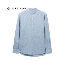 Giordano Men Shirt Men Linen Cotton Natural Fabric Half Placket Button Shirts Men Long Sleeves Stand Collar Rounded Hem Camisa