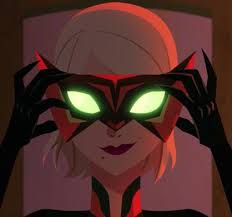 She wears a red trench coat over a black outfit, yellow scarf, black gloves and boots, and a red fedora hat. Kari Wahlgren