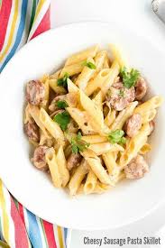 Cheesy Sausage Pasta Skillet Recipe With Shallot Cream Sauce Cheesy Sausage Pasta Sausage Pasta Skillet Pasta