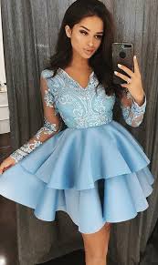 Sky Blue Homecoming Dresses Long Sleeve Homecoming Dresses Lace Appliqued Homecoming Dress Layers Homecoming Dresses Ds422 Long Sleeve Homecoming Dresses Lace Homecoming Dresses Mini Homecoming Dresses