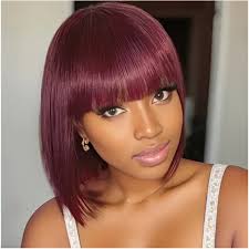 Short Bob Straight Human Hair Wigs Burgundy