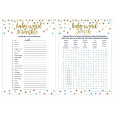Print out this baby shower word scramble game offered in blue, pink, or green. Dots Stars Word Scramble Word Search Baby Shower Game 24ct Party City