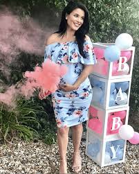 Gender reveal ruffled off the shoulders maternity dress or jumpsuit/photoshoot maternity/gender reveal gown,pink, blue/pregnancy jumpsuit. Gender Reveal Inspo For 2021 Sexy Mama Maternity