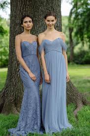 Amsale Tulle And Lace Bridesmaid Dresses In Slate Left G962l Right G946u Lace Bridesmaids Gowns Lace Bridesmaid Dresses Blue Bridesmaid Dresses
