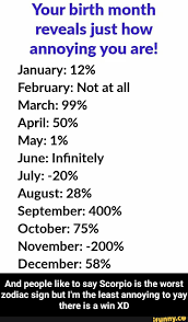 Here are the absolute worst personality traits of each zodiac sign, as interpreted by me, a longtime student of astrology and susan miller devotee. Your Birth Month Reveals Just How Annoying You Are January 12 February Not At All March 99 April 50 May 1 June Inï¬nitely July 20 August 28 September 400 October 75 November