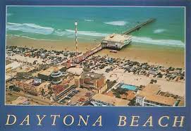DAYTONA BEACH", an aerial view of the Pier and Space Needle which appears  to be from the late 1960s or early 1970s. An image of a chrome post card by  Southern Card