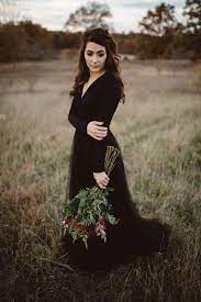 Long Sleeve Black Wedding Dress For Outdoor Autumn Wedding A Moody Fall Style Shoot Weddingda Black Wedding Dresses Halloween Wedding Dresses Black Wedding