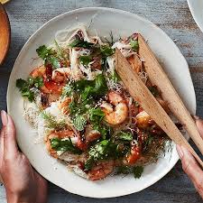 Rice Noodles With Shrimp Tahini And Citrusy Herb Salad Recipe Herb Salad Pasta Dishes Rice Noodles