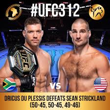Dricus du Plessis 🇿🇦 retains his #UFC Middleweight title with a dominant  unanimous decision victory over Sean Strickland 🇺🇸 at UFC 312 in Sydney!  🏆🇿🇦 Judges scored it 50-45, 50-45, and 49-46.