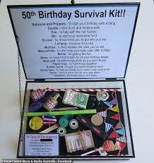 When you want to congratulate for the 50th birthday of your friend, your mother or father, a colleague or someone else you like, you need. Woman Gifts Her Friend A Survival Kit For Her 50th Birthday Birthday Survival Kit 50th Birthday Gifts Diy Unique 50th Birthday Gifts