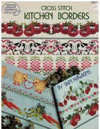 All you need is a dish towel, potholder, and button to make this towel that can hang from your oven door or a kitchen hook. American School Of Needlework Book 3551 Cross Stitch Kitchen Border Trims For Towels Aprons Curtains And More Sewing Pattern Heaven
