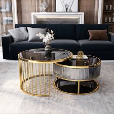 Ameriwood home stewart nesting tables. Modern Round Gold Gray Nesting Coffee Table With Shelf Tempered Glass Top 2 Piece Set