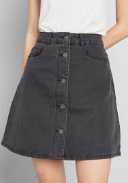 Black A Line Mini Skirt Outfit Buttoned In Black Denim Skirt Mod And Retro Clothing Skirt Outfits Casual Skirt Outfits Skirt Outfits Modest