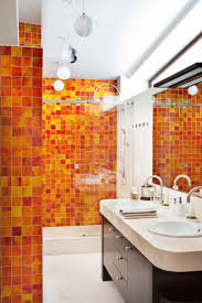 Orange Tiles In The Bathroom Orange Bathrooms Bathroom Color Schemes Bathroom Decor Colors