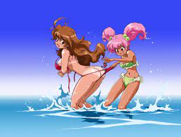 uchida yorihisa, arisugawa mayuko, hanao usagi, iyashite agerun saiyuki,  00s, 2girls, ass, bikini, blush, breasts, brown hair, crab, curvy, female  focus, hair bobbles, hair ornament, happy, large breasts, long hair,  multiple girls,