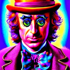 an extremely psychedelic portrait of willy wonka,