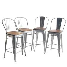 White metal dining chairs with wood seat counter. Yongqiang Metal Barstools Set Of 4 Indoor Outdoor Bar Stools High Back Dining Chair Counter Stool Cafe Side Chairs With Wooden Seat 26 Silver Buy Online In Chile At Chile Desertcart Com Productid