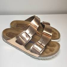 Birkenstock Arizona Rose Gold Sandals Brand New Only Tried On Birkenstock Arizona In Metallic Rose Gold Size 7 For Women Narrow Fit Rose Gold Birkenstocks Birkenstock Gold Birkenstocks