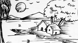 How To Draw Riverside Village Scenery Drawing Riverside Village Drawing Scenery Landscape Drawings