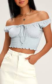 Billabong Getaway Light Blue Smocked Off The Shoulder Crop Top Bestfashionhq Com