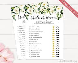 He Said She Said Game Template Printable Bride Or Groom Game White Flower Bridal Shower Gam Bridal Shower Games Bridal Shower Printables Green Bridal Showers