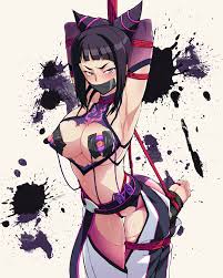 makinaru, han juri, capcom, street fighter, street fighter iv (series),  1girl, armpits, arms behind back, arms behind head, barefoot, bdsm, black  hair, bondage, bound, breasts, cleavage, crotch rope, drill hair, egg  vibrator,