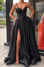 A Line Sweetheart Spaghetti Straps Black Satin Split Long Prom Dresses Pg730 Satin Evening Dresses Black Evening Dresses Split Prom Dresses